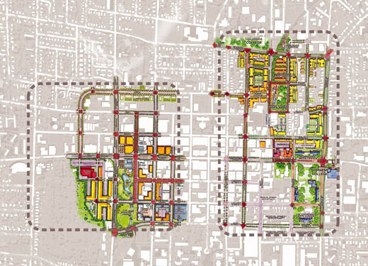 Charrette consultants envision greener, bustling, pedestrian-friendly areas along the western and eastern sections of downtown