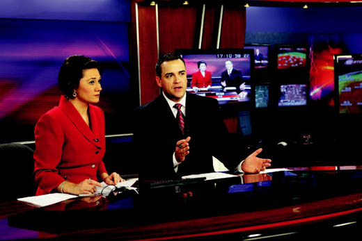 KMIZ anchors Stephanie Schaefer and Ryan Tate deliver the 5 o'clock news for the first time from their new set.