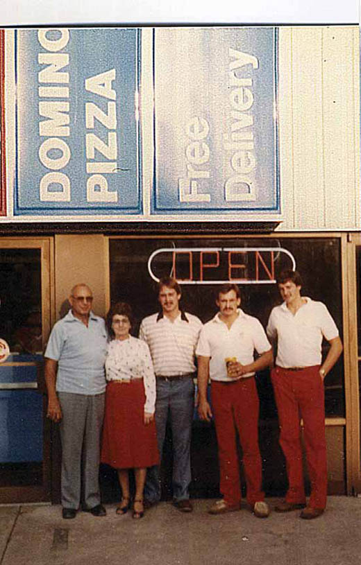 The Neichter family gathered in front of the Domino's Pizza at 416 S. Ninth St. in 1980. Left to right: Greg's parents, Ernie and Marita; Greg; his older brother, Leo; and his younger brother, John.