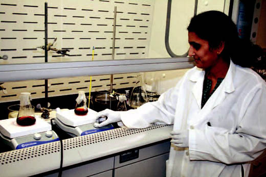 Anandhi Upendran, director of research, synthesizes gold and silver nanoparticles in NBI's laboratory in Columbia.
