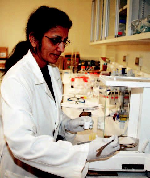 Kavita Katti, NBI's chief science officer, weighs the precursors for nanoparticle synthesis in a balance at the lab.