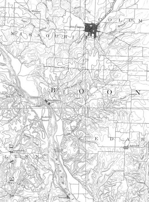 This map from 1886 shows Columbia astride the east-west Old Trails Road
