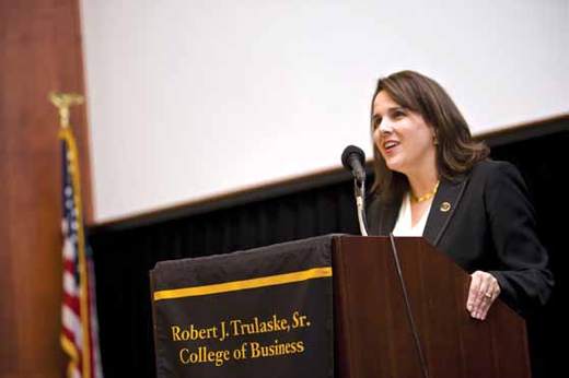 Gabel speaks to students in an auditorium at Cornell Hall