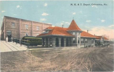 A postcard featuring the M.K. & T. Train Depot, early 1900s. The building now houses Shiloh Bar and Grill.