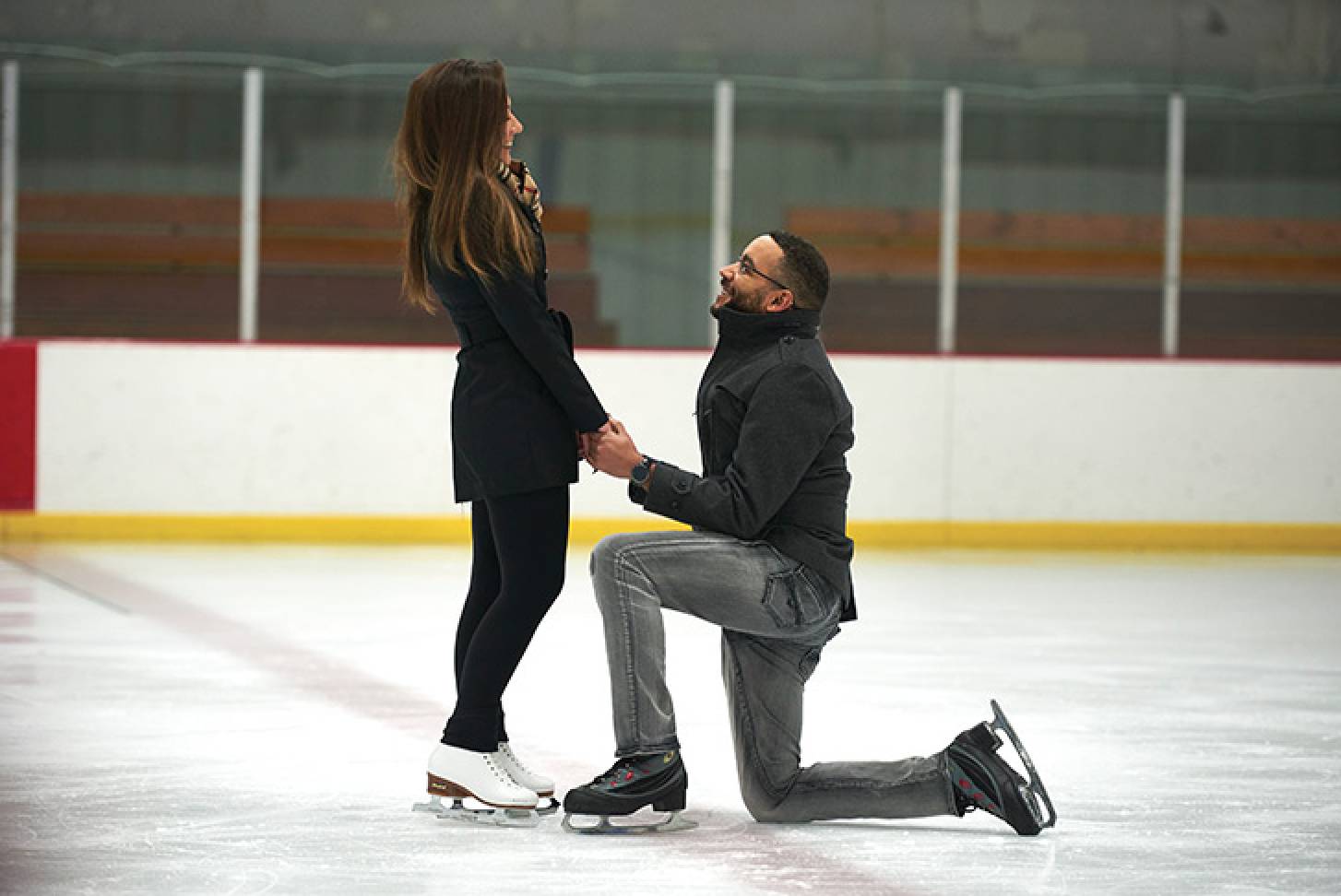 Samuel Atagana and Crystal Richardson get engaged on the ice at Washington Park Ice Arena.