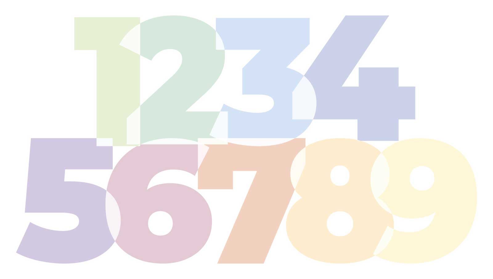 Translucent numbers 1 to 9 are arranged in two overlapping rows. The numbers are in various pastel colors: 1 in green, 2 in light green, 3 in blue, 4 in light blue, 5 in purple, 6 in light purple, 7 in red, 8 in orange, and 9 in yellow.