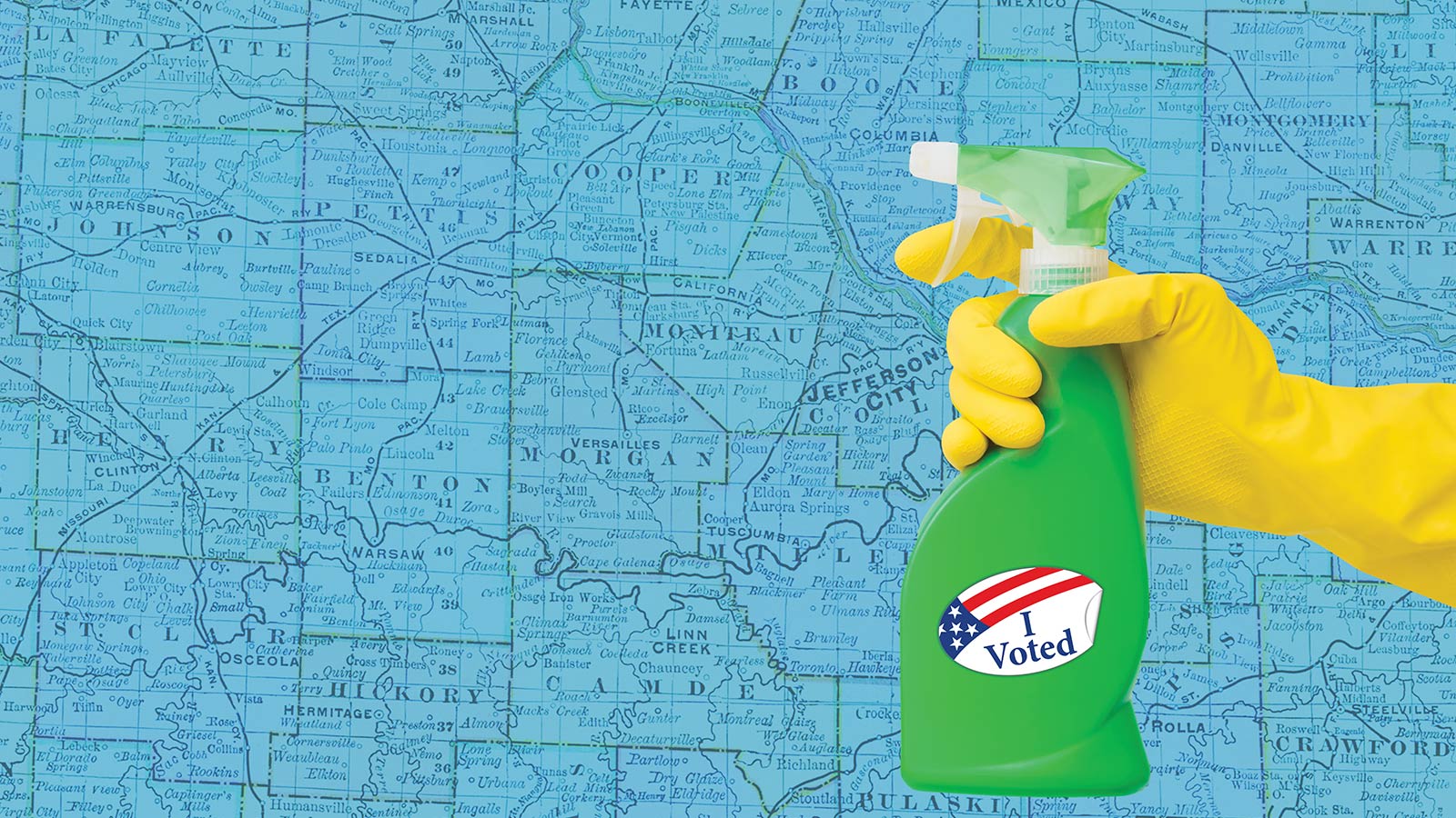 A gloved hand holds a green spray bottle with an I Voted sticker on it against a blue map background.