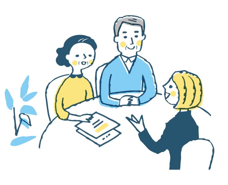 Illustration of a couple discussing paperwork with legal counsel