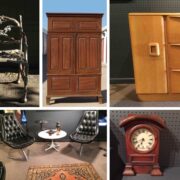 Antiques collage, including furniture, cabinets, wardrobe, dresser, and clock