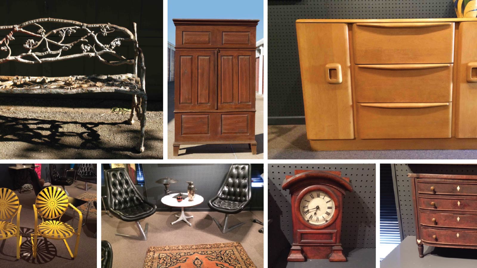 Antiques collage, including furniture, cabinets, wardrobe, dresser, and clock