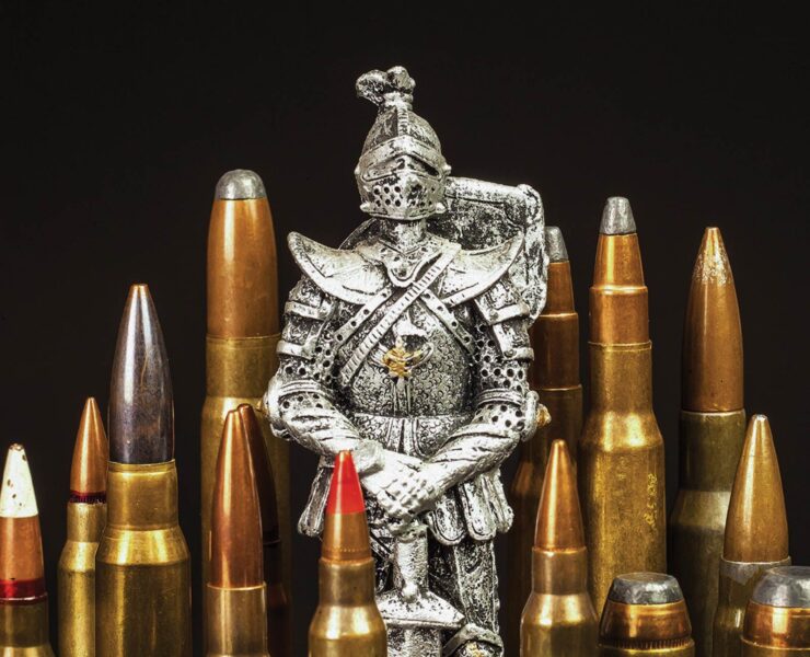 Silver knight statue standing alongside bullets to represent the castle doctrine