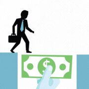 Illustration of hand holding dollar bill up to support man's walk across gap