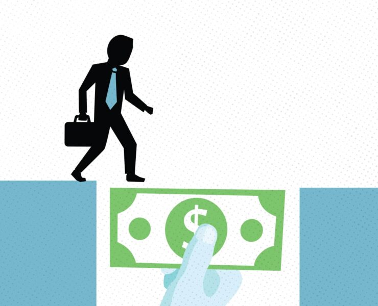 Illustration of hand holding dollar bill up to support man's walk across gap