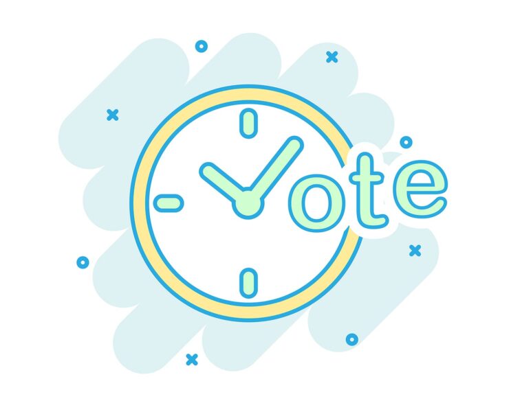 Illustration of a clock combined with the word vote. The clock hands point to 10:10, and the overall design is in yellow and blue with a light blue abstract background.