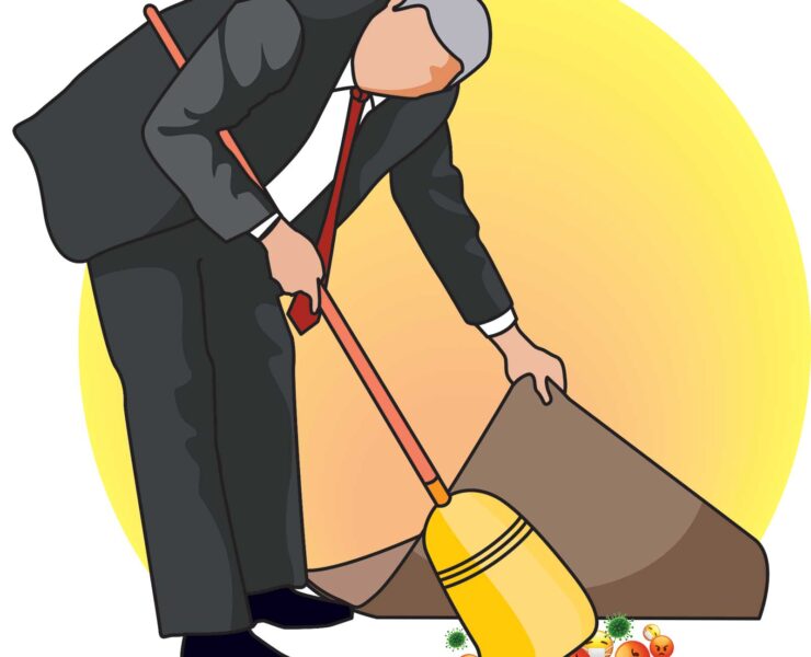 Illustration of a man in a suit sweeping unhappy, cartoonish virus-like emojis under a brown carpet with a broom. A large yellow circle is in the background.