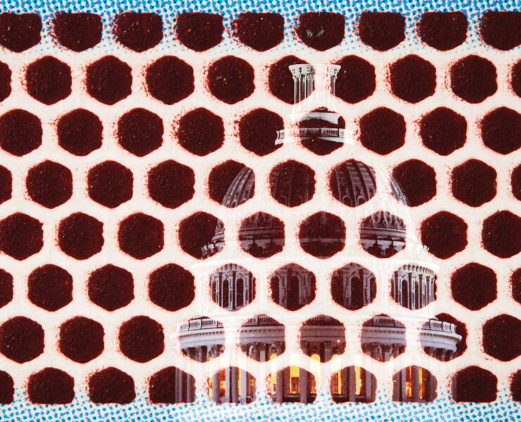 A digital collage featuring honeycomb shapes overlaying the image of a classical dome with columns. The dome is visible through the hexagonal cells, set against a blue border.