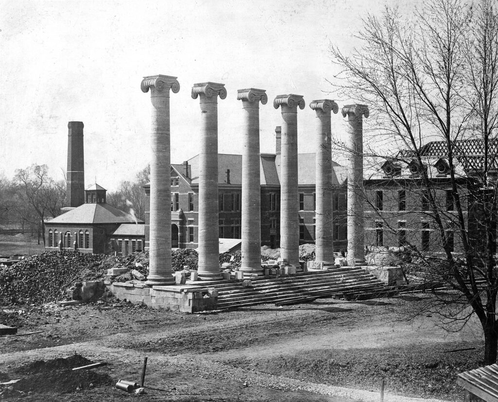 Columns Amid the Rubble of Academic Hall, Circa 1893. (Trenton Boyd Collection. P0425. 026291. The State Historical Society of Missouri. Photograph Collection.)