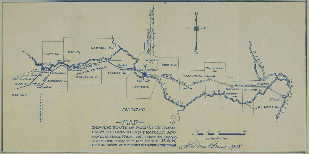 Map showing route of Boon’s Lick Road from St. Louis to Old Franklin and Santa Fe Trail from that point to Kansas state line. 