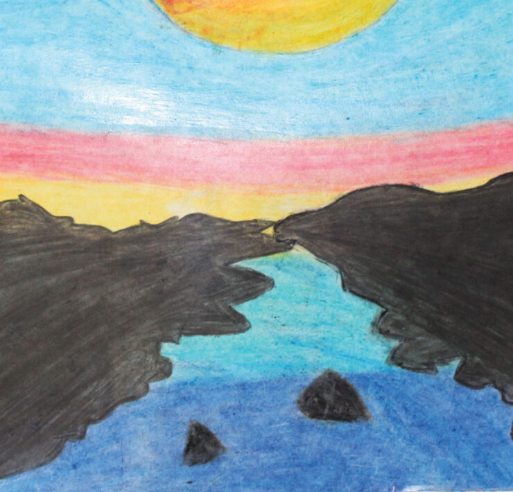 Oil-Pastel-Drawing-of-Sunset-Nature-and-River-Scene