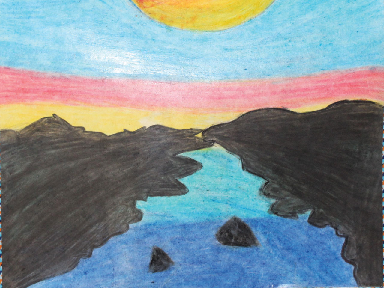 Oil-Pastel-Drawing-of-Sunset-Nature-and-River-Scene