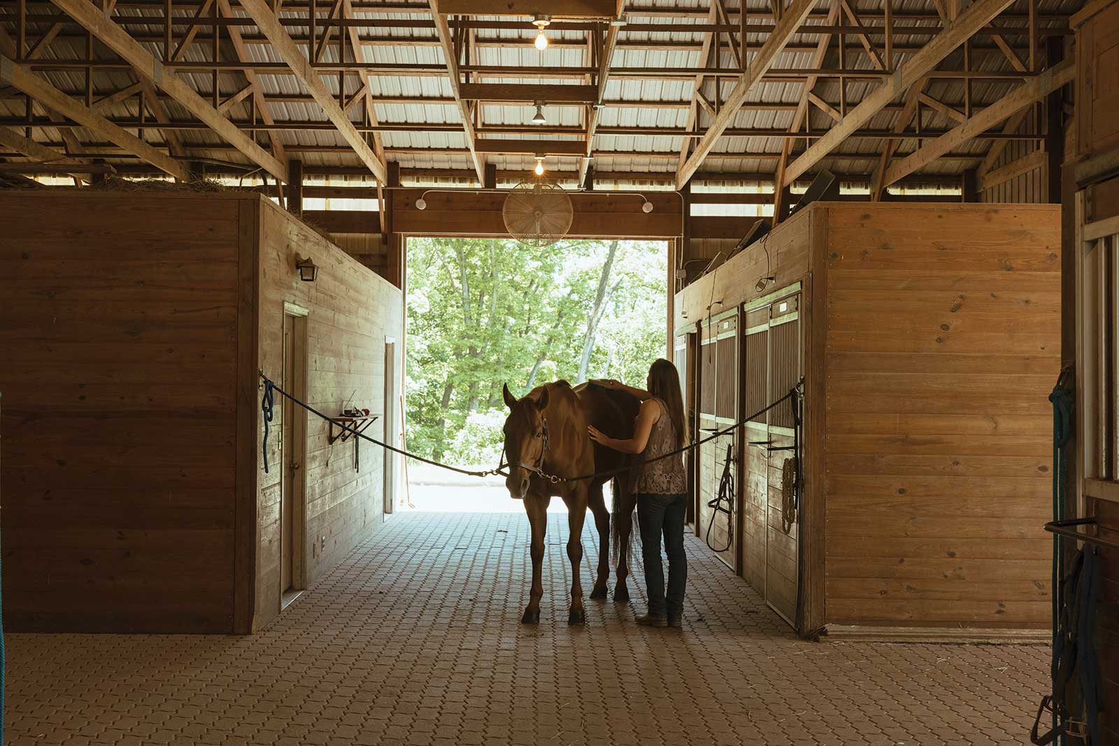 a horse's lead rope tied to a stall door and a women brushing the horses back