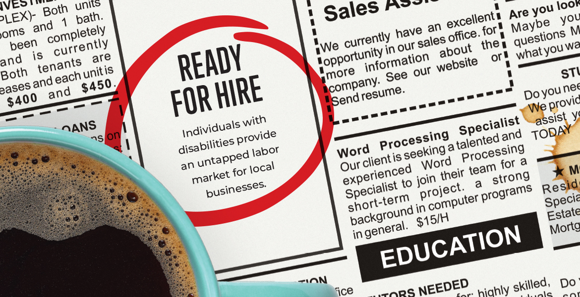 close up of a newspaper with a red circle around an advertising of a hiring ad with a cup of coffee next to it