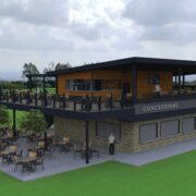 3D rendering plans of resturant in a field with outdoor seating and a rooftop with more outdoor seating