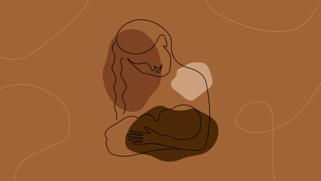 illustration outline of a women holding a baby against a brown background