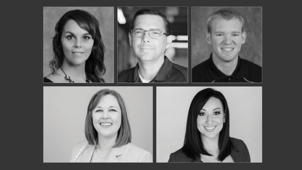 five black and white close up headshots of individuals side by side