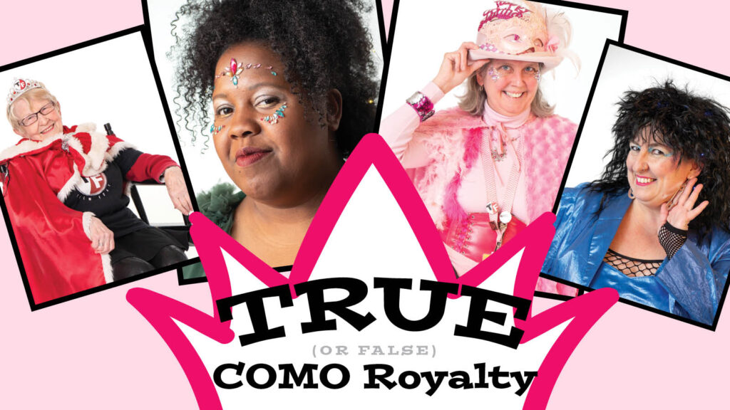 a collection of images of four women dressed up in elaborate customs with a pink graphic crown and the text 