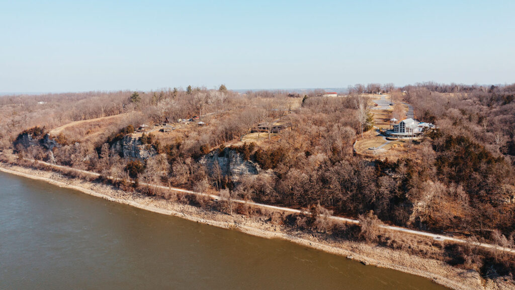 Aerial view of the river and bluffs during the winter or late fall