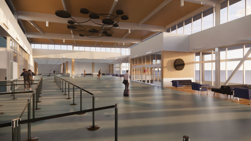 3D rendering of the interior of a airport entrance