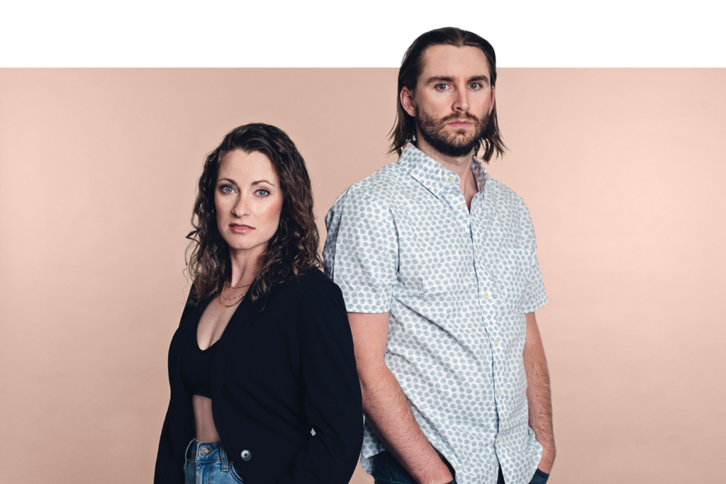 Headshot of Andrew and Kristen Camp against a pale pink background