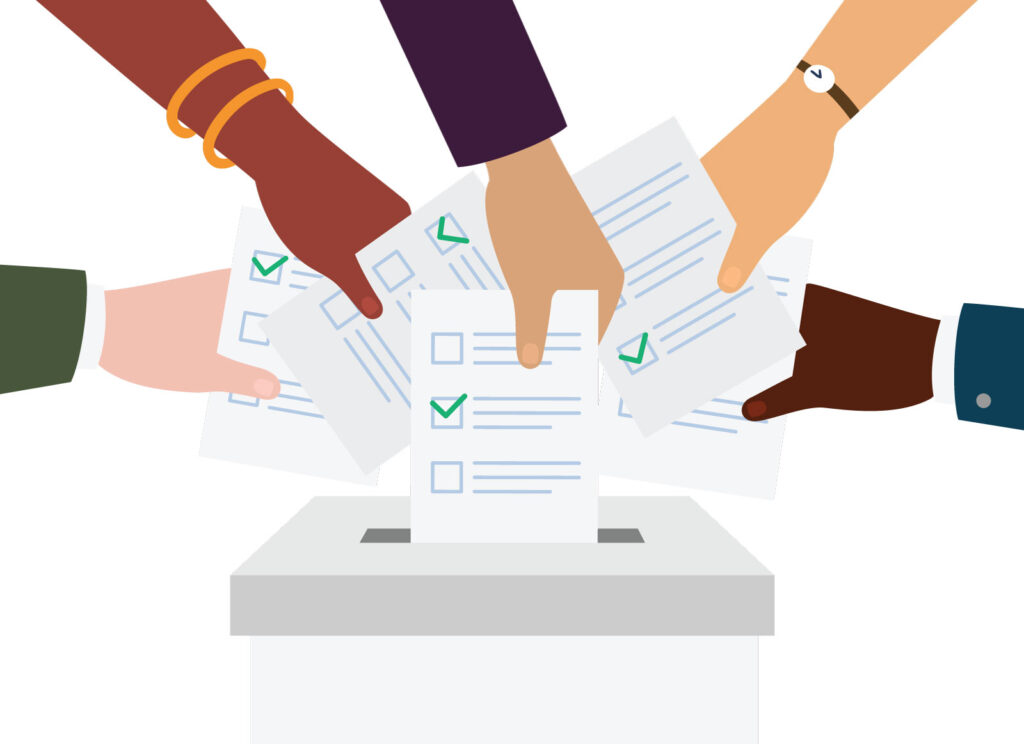 Illustration of five different hands putting ballots in a voting box