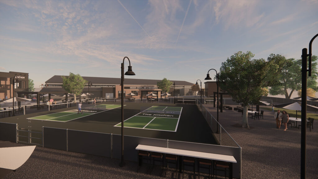 3D renderings of the exterior of a restaurant with pickleball courts by outdoor seating