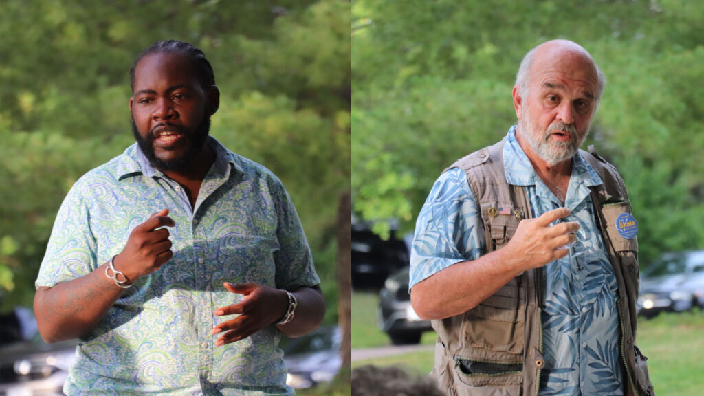 Headshot of two candidates side by side, two men named Roy Lovelady and Karl Skala