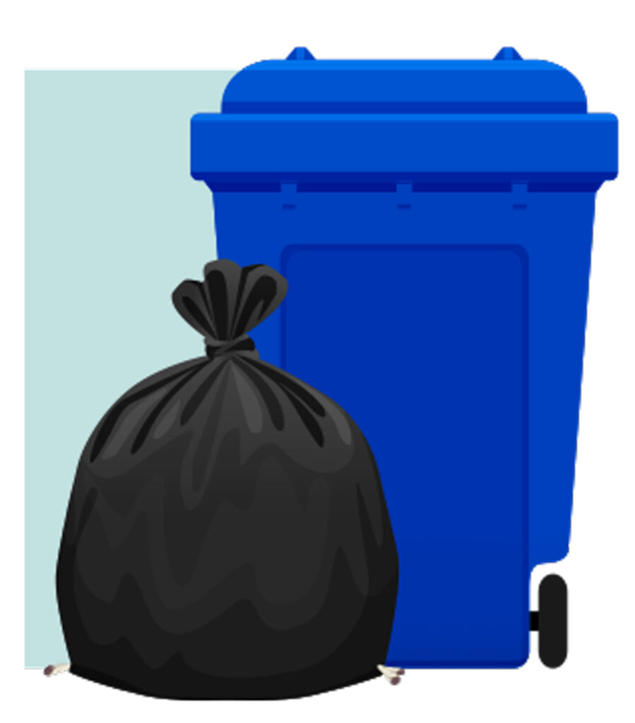 Illustration of a black trash bag in front of a blue recycle can with marijuana buds