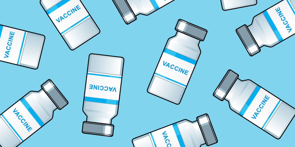 illustration of a bunch of vaccine bottles with blue background