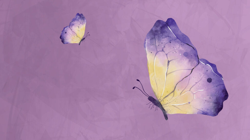 illustration of two purple and yellow butterflies one big and one small against a purple background