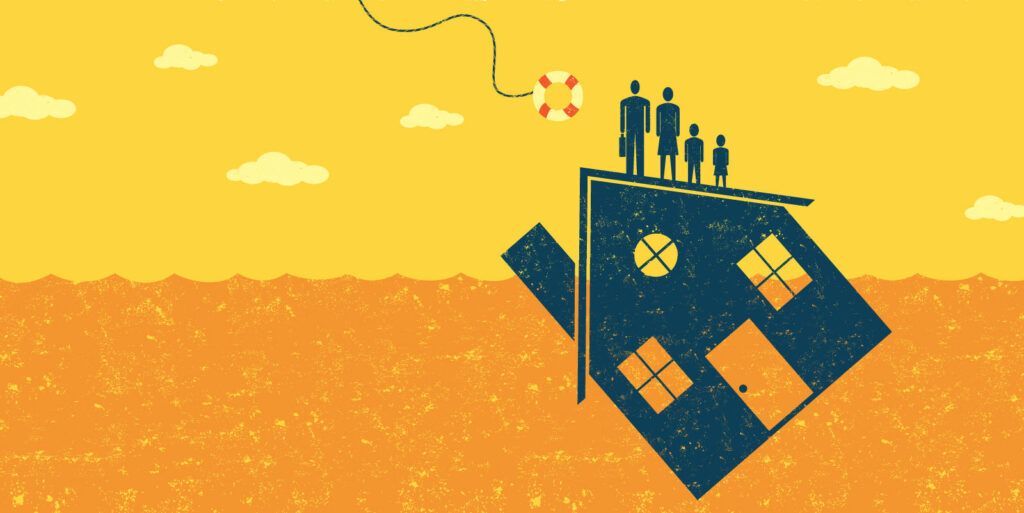 graphic illustrating a sinking house with a family at the top of the house reaching for a life ring