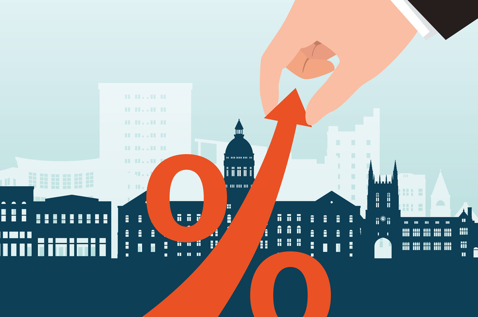 Illustration of a city skyline with a red percentage symbol (%). A hand in a suit pulls the symbol upward, forming an arrow, representing rising interest rates or economic growth.