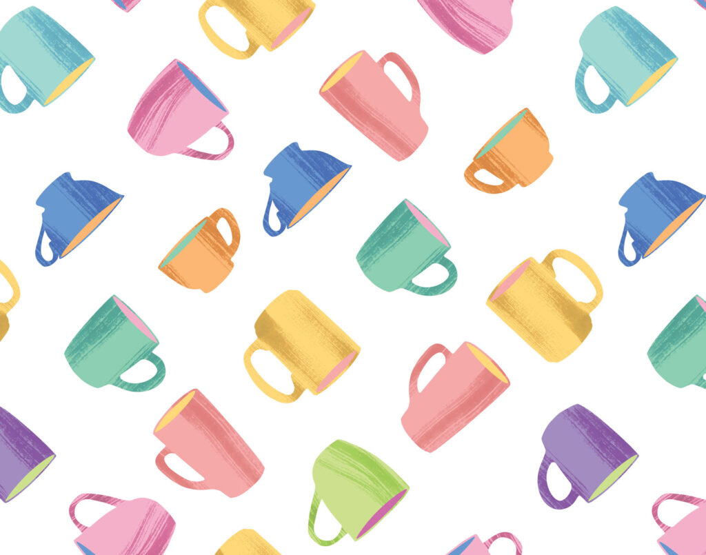 Colorful ceramic cups arranged in a repeating pattern on a white background