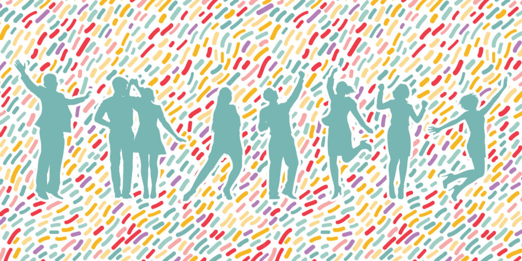 outline of people dancing surrounded by colorful dots illustration