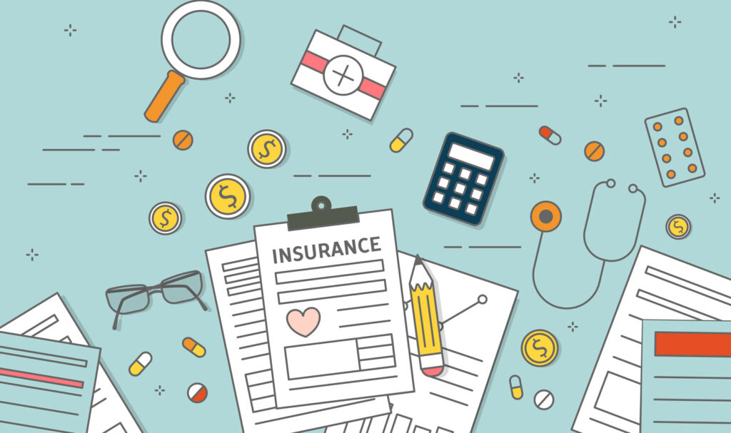 illustration of insurance paperwork, coins, calculator, glasses, pills, and stethoscope