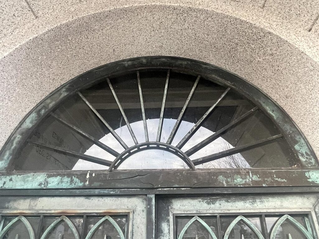 close up of the Farley Mausoleum at the Columbia City Cemetery