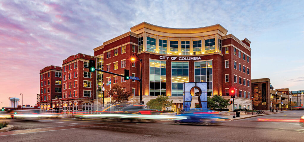 exterior of city of Columbia city hall building at sunset