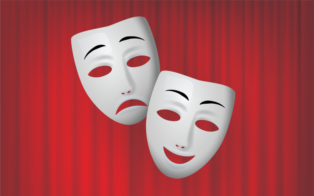 comedy tragedy masks graphic with red stage curtain as the background