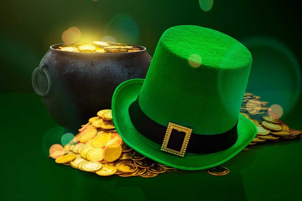 St. Patrick's Day photo illustration showing pot of gold and shamrock hat.