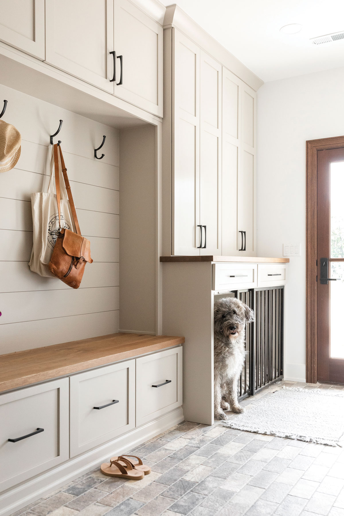 Entryway Bench Cabinets And Built In Dog Crate