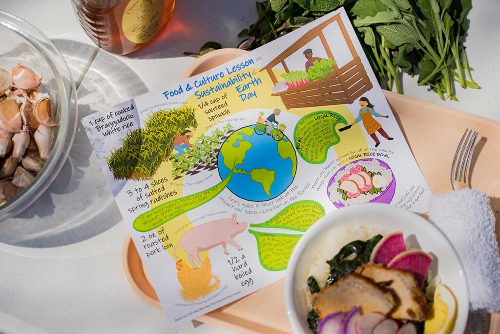 Colorful foods and a handout showing how food is resilient and can be sustainable.